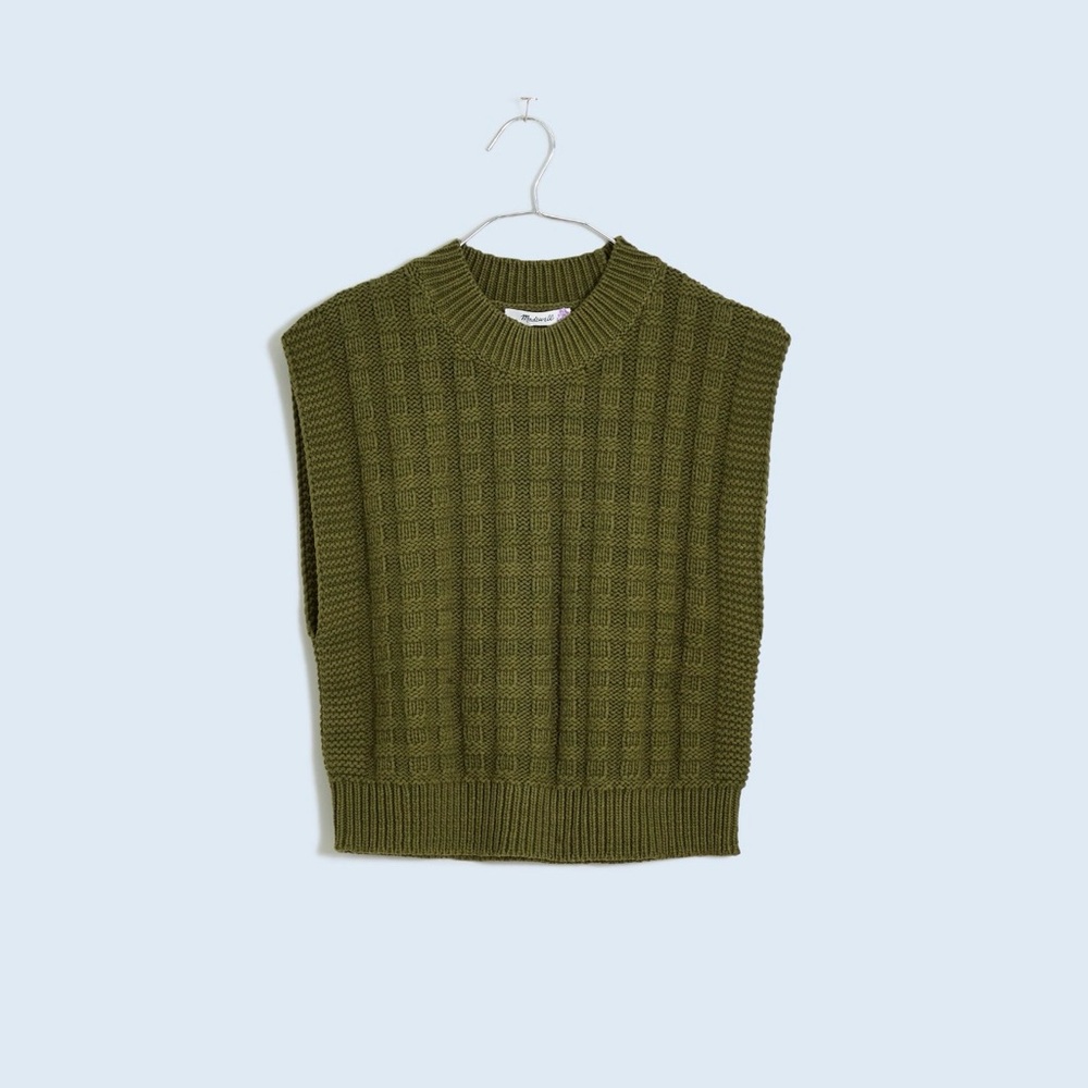Checkered-Stitch Wedge Sweater Vest in Desert Olive